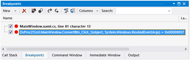 Call Stack breakpoint in Breakpoints window