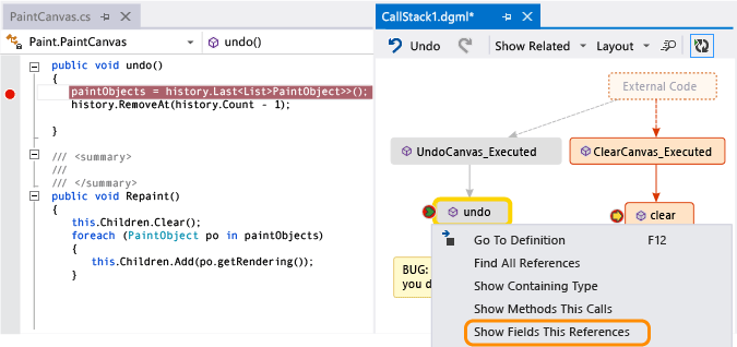 Show fields in a method on call stack code map