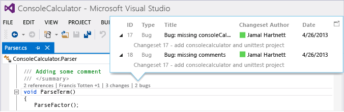 CodeLens - Find bugs linked to changesets