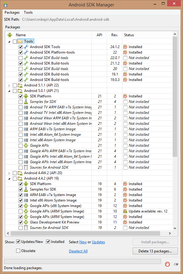 Required packages for the Android SDK