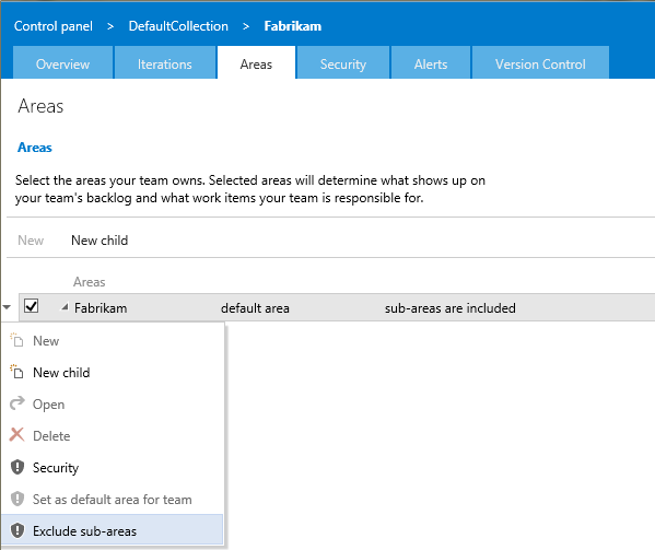 Areas page for Portfolio team, Exclude sub areas