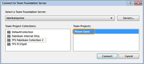 Connect to Team Foundation Server dialog box