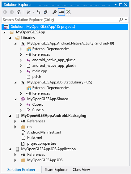 MyOpenGLESApp in Solution Explorer