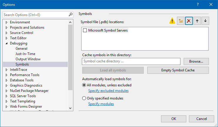 Tools - Options - Debugging - Symbols page