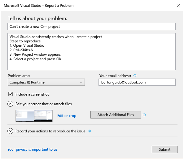 Report A Problem Dialog