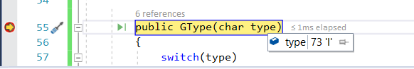 Screenshot of the Visual Studio Debugger with a line of code in yellow and a small window showing the value of the type variable as 73 'I'.