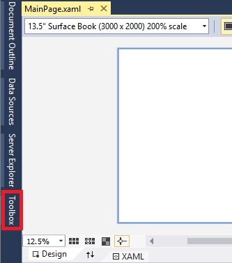 Screenshot showing the tab for the 'Toolbox' fly-out window highlighted on the left side of the XAML Designer Pane.