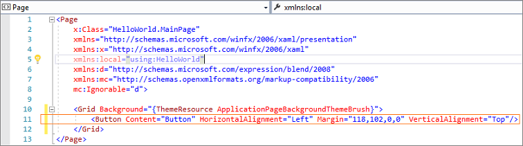 Screenshot showing the code for the newly added Button highlighted in the XAML editor.