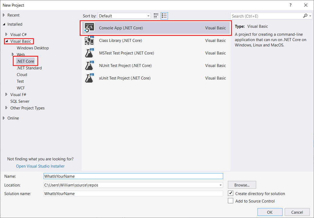 Console App (.NET Core) project template in the New Project dialog box in the Visual Studio IDE