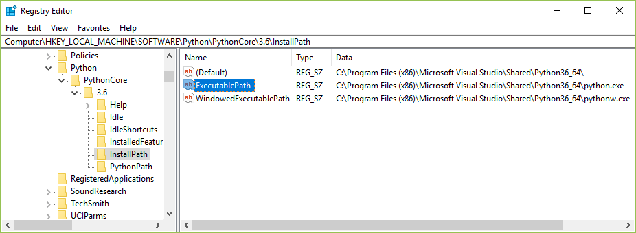 Registry entries for a typical CPython installation