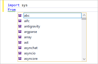 IntellSense showing available modules for a from statement