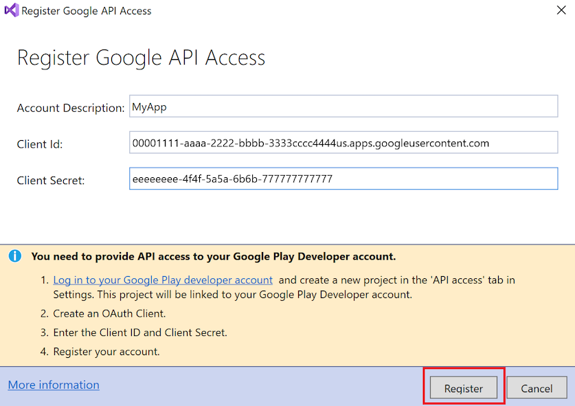 Register Google API Access dialog