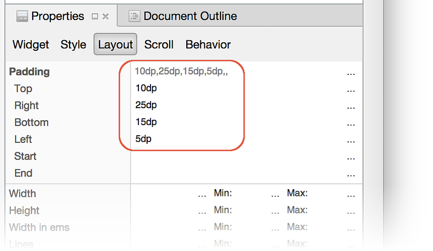 Example settings for the Padding property