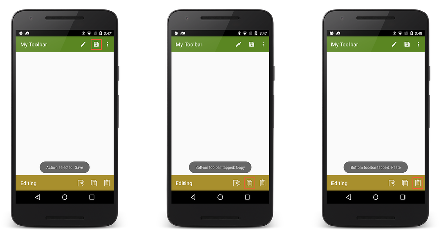 Screenshots of Toasts for Save, Copy, and Paste menu items being tapped