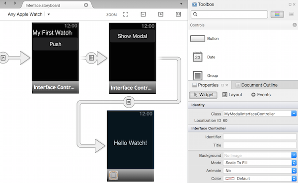 The storyboard in the Designer