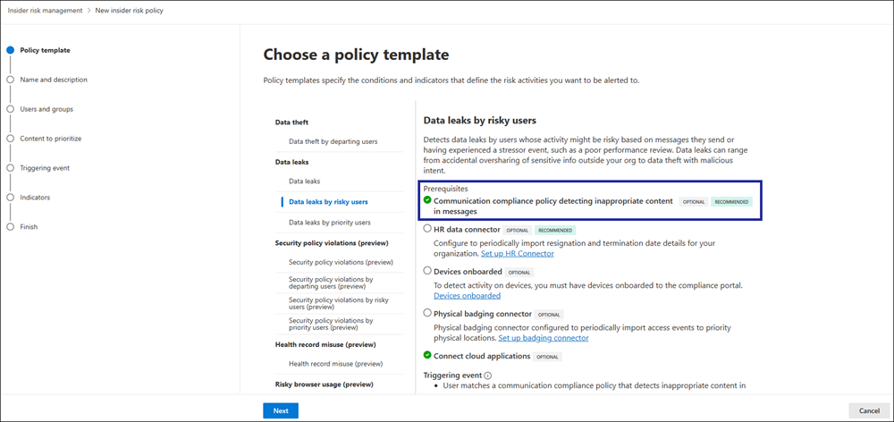 Communication compliance option selected in insider risk management template