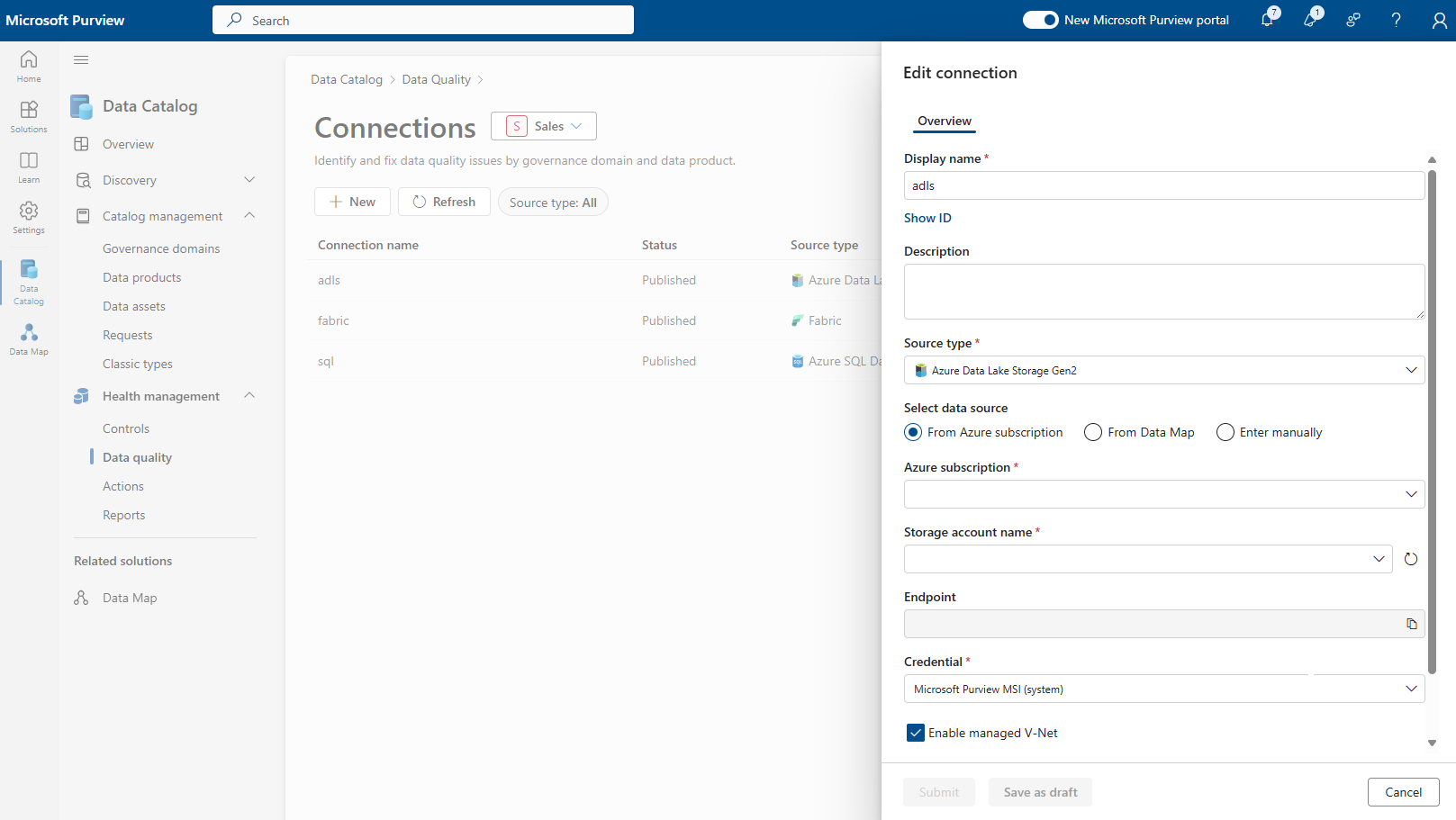 Screenshot of the data quality page, with a governance domain selected and the connections page open.