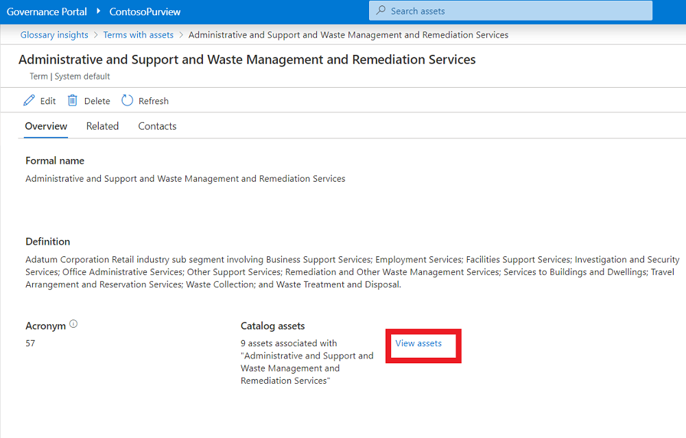 Screenshot of Data Estate Insights to glossary.