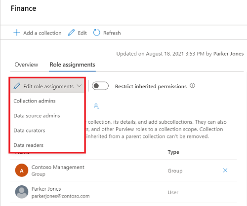 Screenshot of Microsoft Purview governance portal collection window, with the edit role assignments dropdown list selected.