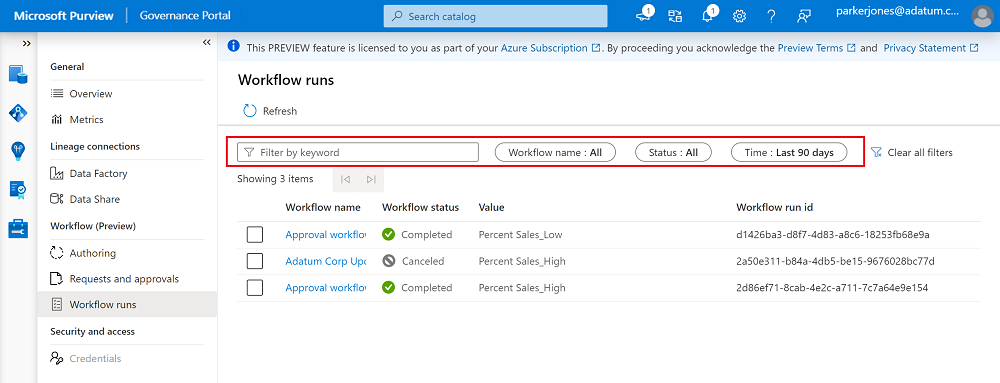 Screenshot of the workflow runs page, with the keyword, name, status, and time filters highlighted above the list of workflows.