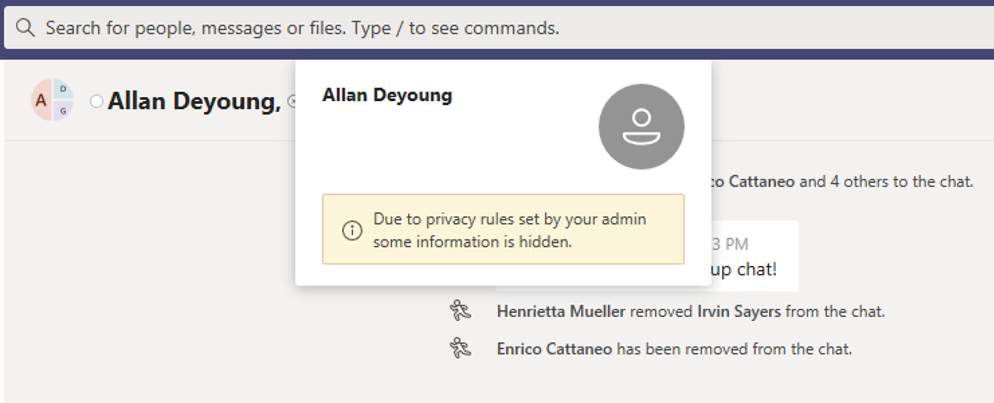 Screenshot of Teams alerting the user that policy prevents display of another user's information.