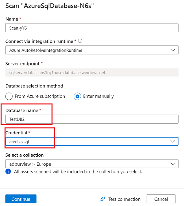 Screenshot that shows database and credential information for the SQL authentication option to run a scan.