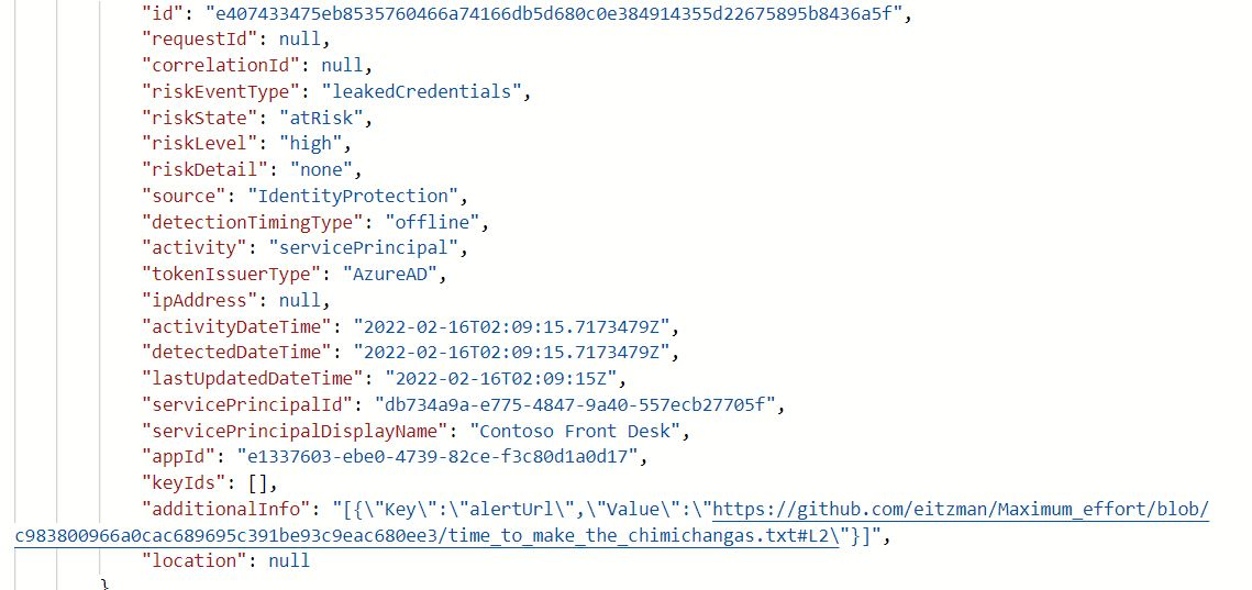 Ett exempel på Graph API för identifiering av tjänstens huvudnamn för riskidentifiering.