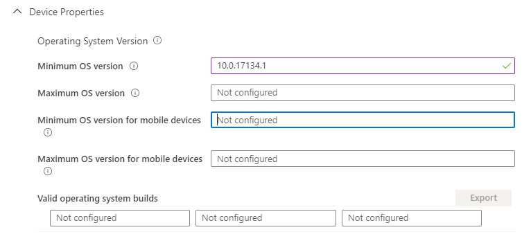 Skärmbild av Enhetsegenskaper i inställningarna för Windows 10-efterlevnadsprinciper.