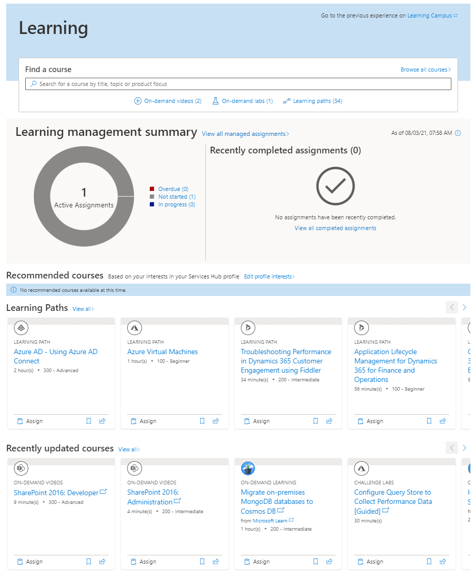 Landningssida med hantering för Services Hub Learning