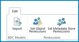 The Edit ribbon in Business Connectivity Settings, showing BDC model Import button and permissions settings.