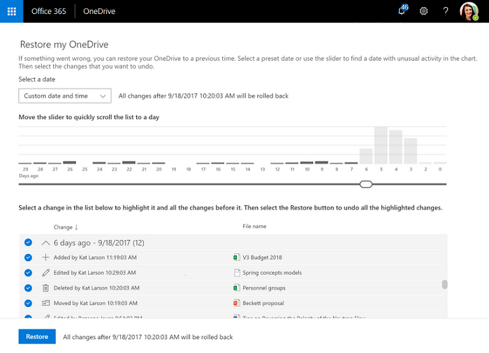 Screenshot of the Restore my OneDrive page in Microsoft 365.