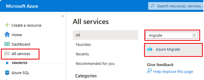 Skärmbild av Azure Migrate – välj tjänst.