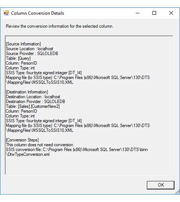 Column conversion page of the Import and Export Wizard