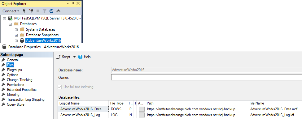 Skärmbilder från SSMS av [! INCLUDE [sssampledbobject-md](.. /includes/sssampledbobject-md.md)] databas på den virtuella Azure-datorn.