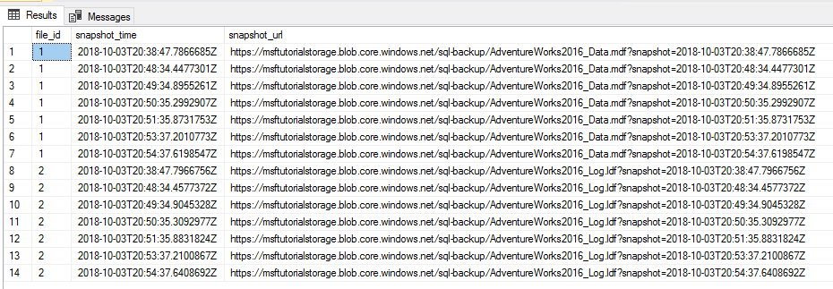 Skärmbild av SSMS-resultatfönstret som visar två borttagna filögonblicksbilder.