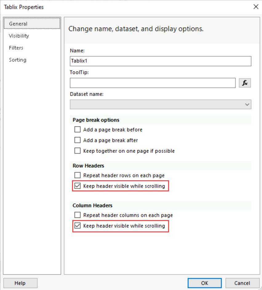 Screenshot of the Tablix Properties dialog box highlighting the options to select Keep header visible while scrolling.