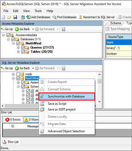 Screenshot that shows Synchronize with Database.