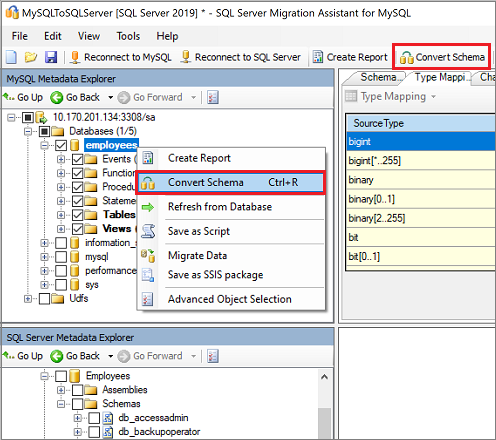 Screenshot that shows Convert Schema option.