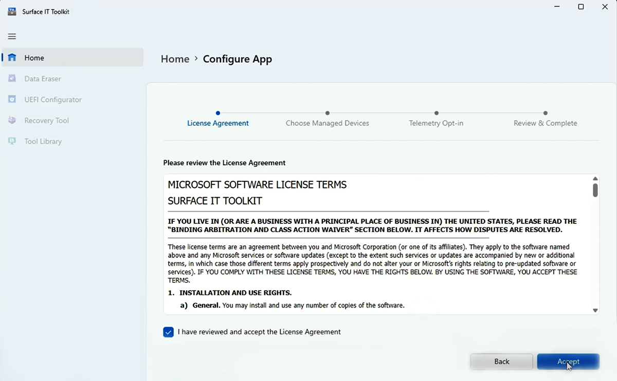 Screenshot of License Agreement for Surface IT Toolkit.