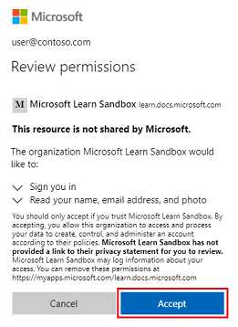 Skärmbild som visar sandbox-miljön med behörighetsinformation och knappen Acceptera markerad.