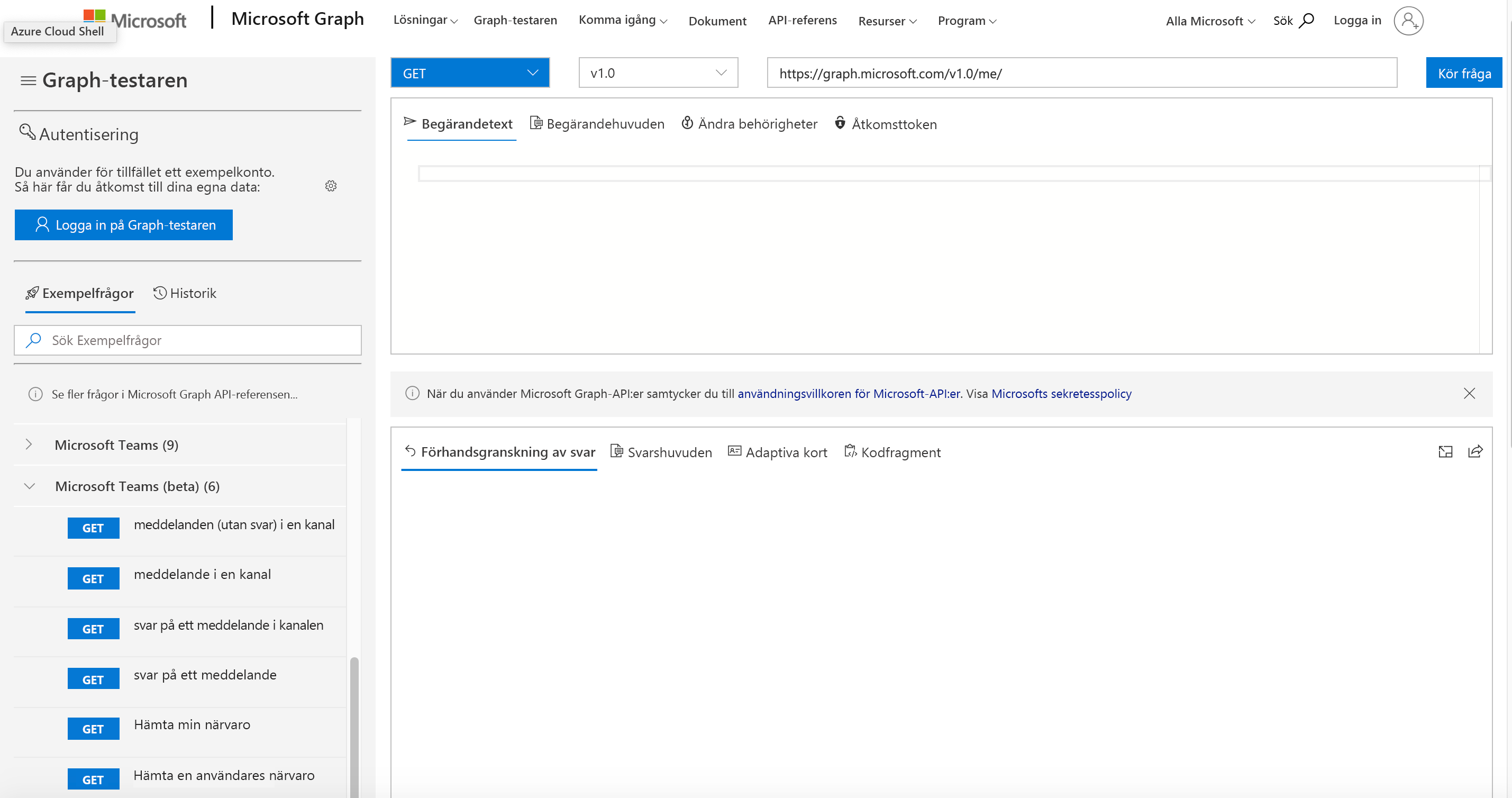 Skärmbild av Microsoft Graph Explorer-webbsidan.