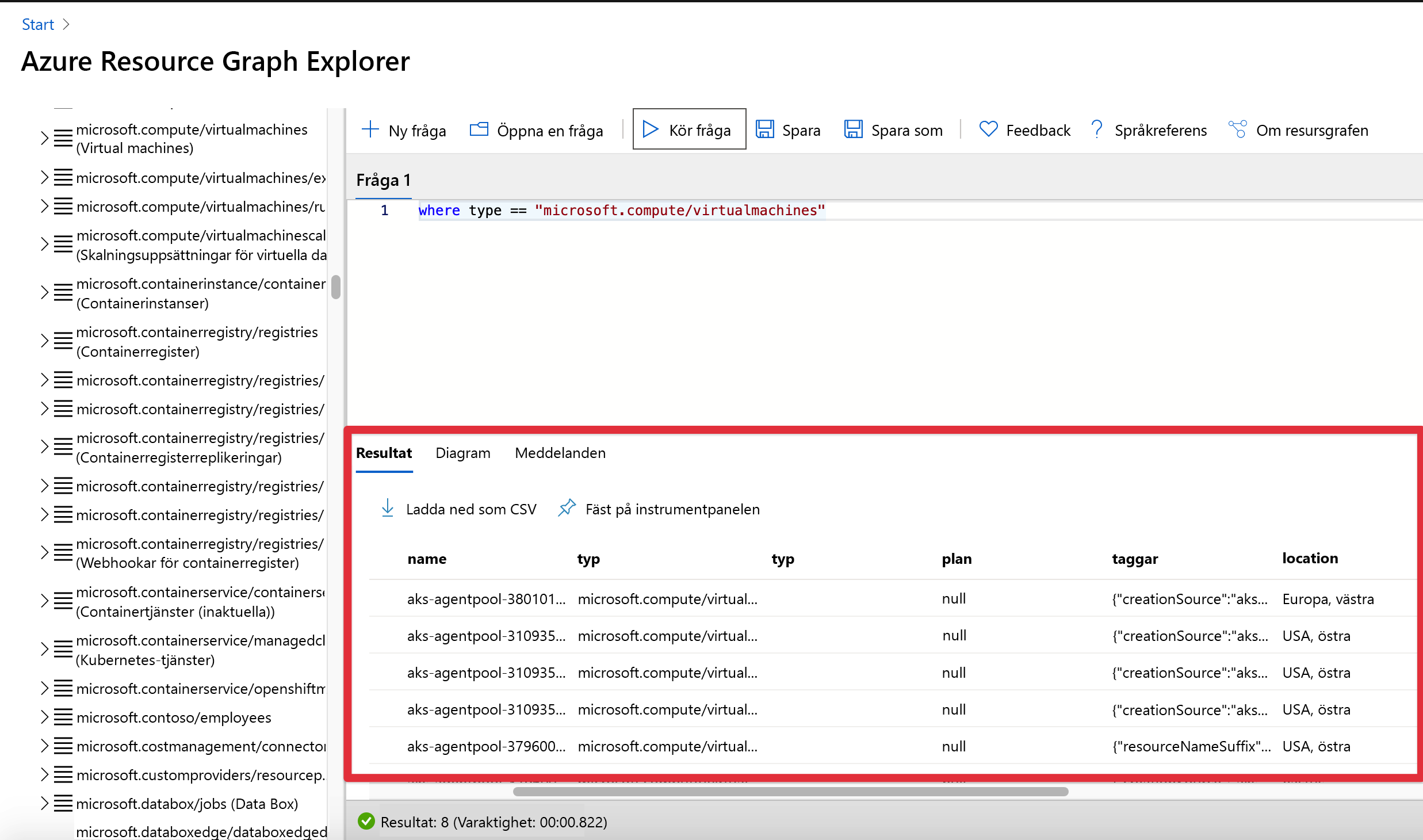 Resource graph panel in the Azure portal with results of query showing table of results.