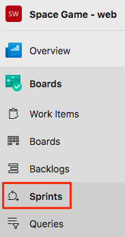 Skärmbild av Azure DevOps som visar platsen för Sprints-menyn.