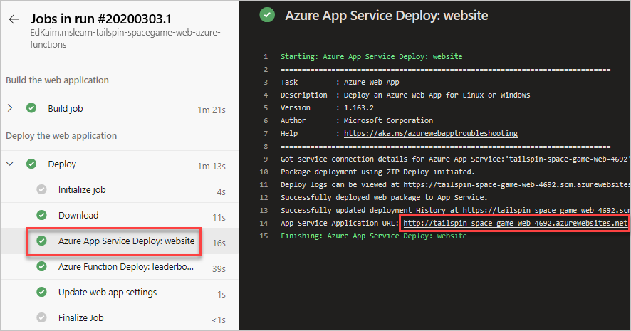 En skärmbild av Azure Pipelines som visar platsen för webbplatsens URL.