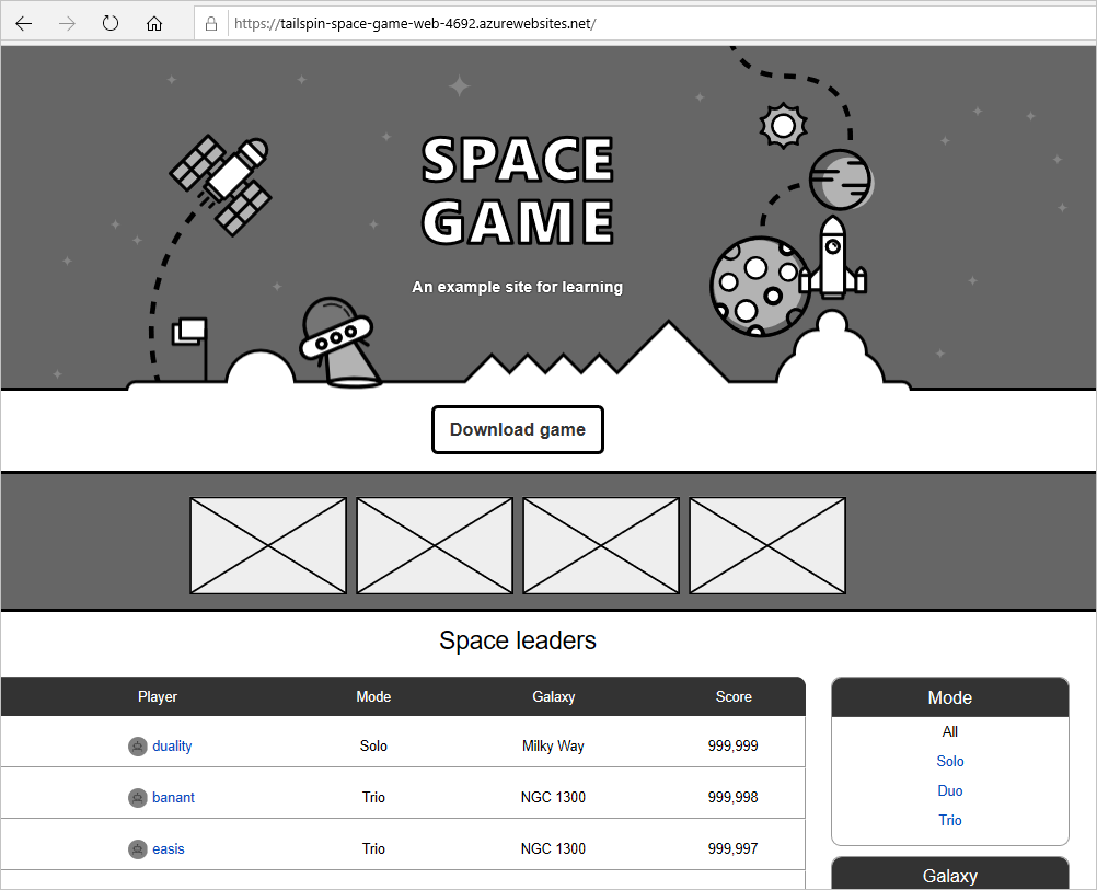 Skärmbild av webbplatsen för Space Game.