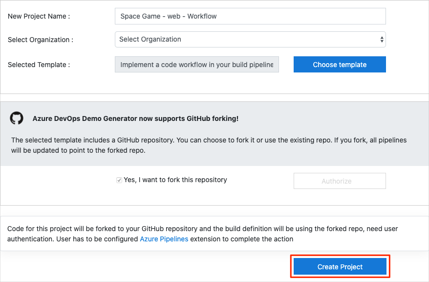 En skärmbild av Azure DevOps Demo Generator som visar hur du skapar ett nytt projekt.