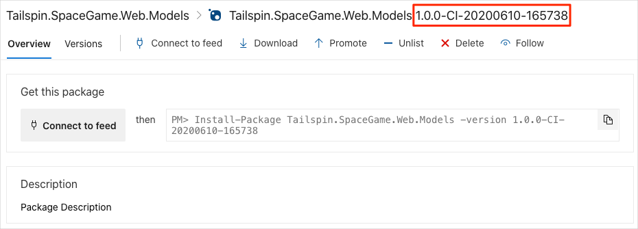 En skärmbild av Azure Artifacts som visar paketinformation. Markerat är versionsnumret för paketet.