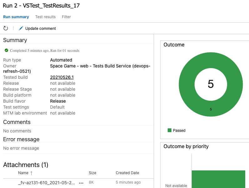 En skärmbild av resultatsammanfattningen för Azure DevOps-testkörningen som visar 5 godkända tester.