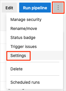 En skärmbild av Azure Pipelines som visar platsen för menyn Inställningar.