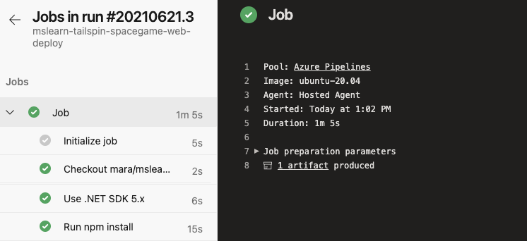 Screenshot of Azure Pipelines showing the running job.